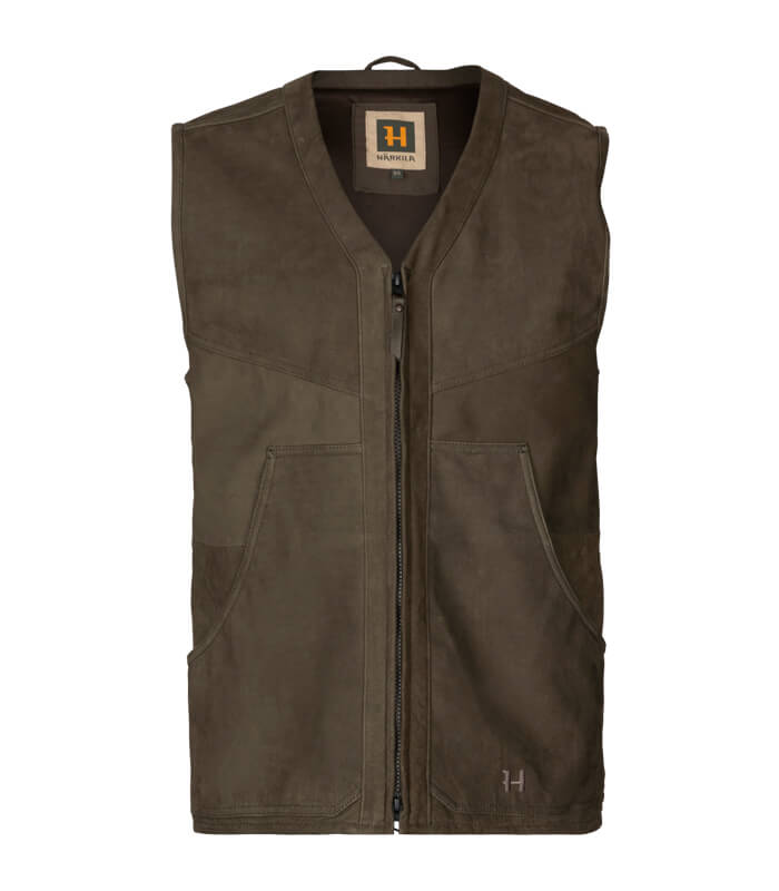 Chaleco de piel para cazar con bolsillo morral. Piel de Bufalo
